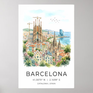Barcelona Wandkunst Druck Farbige Aquarell Poster