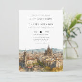Barcelona Watercolor QR Code Wedding Einladung (Stehend Vorderseite)
