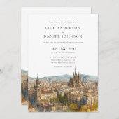 Barcelona Watercolor QR Code Wedding Einladung (Vorne/Hinten)