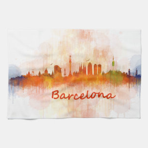 Barcelona watercolor Skyline v04 Geschirrtuch