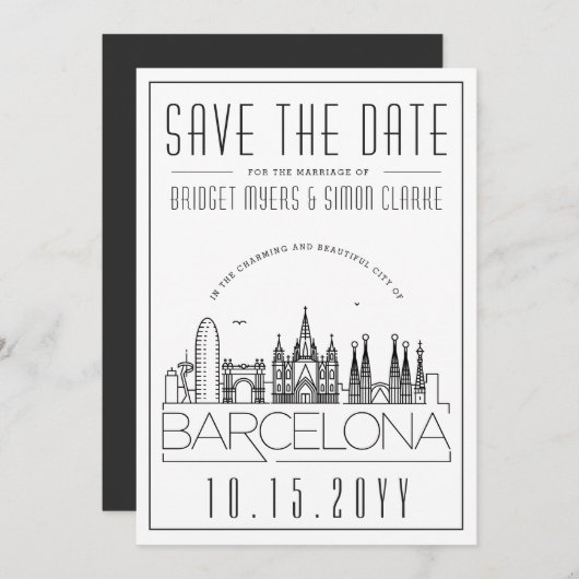 Barcelona Wedding Stylized Skyline Save the Date Einladung (Vorne/Hinten)