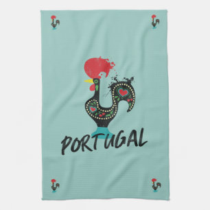 Barcelos Rooster, portugiesisches Symbol auf blau Geschirrtuch