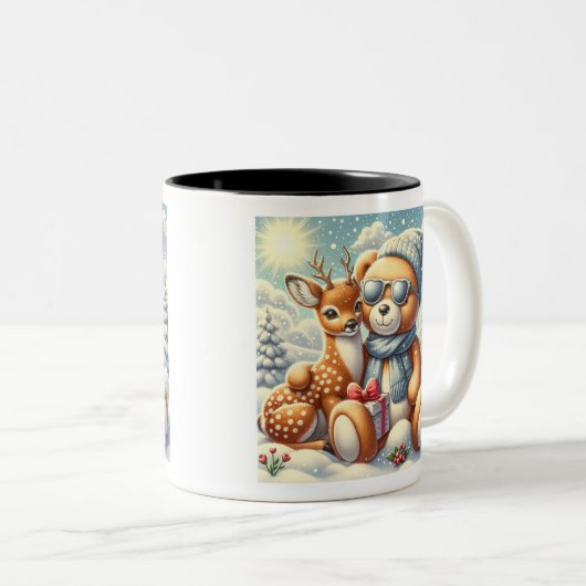 Bärchen Rehkitz im Schnee mit Geschenk Zweifarbige Tasse (VorderseiteRechts)