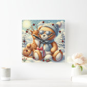 Bärchen Rehkitz Weihnachten Christmas Quadratische Wanduhr (Zuhause)