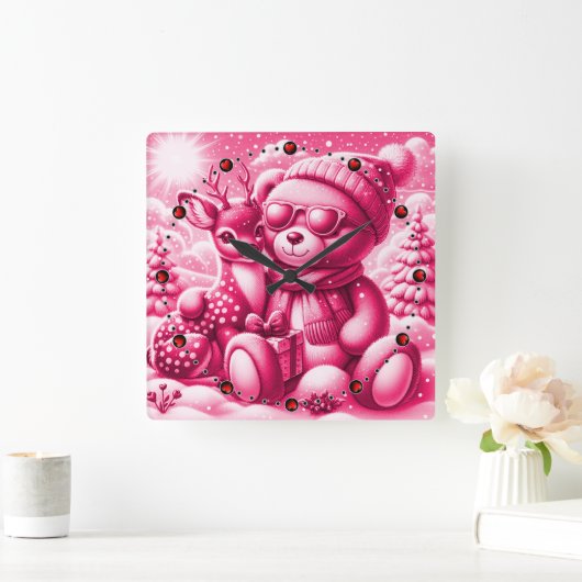 Bärchen Rehkitz Weihnachten Christmas Quadratische Wanduhr (Zuhause)