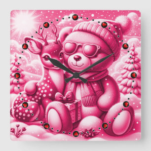 Bärchen Rehkitz Weihnachten Christmas Quadratische Wanduhr