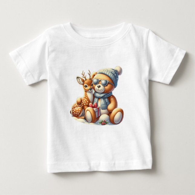 Bärchen und sein Rehkitz im Schnee Baby T-shirt (Vorderseite)