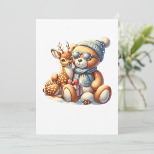 Bärchen und sein Rehkitz im Schnee Einladung (Stehend Vorderseite)