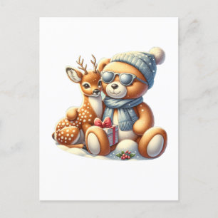 Bärchen und sein Rehkitz im Schnee Feiertagspostkarte