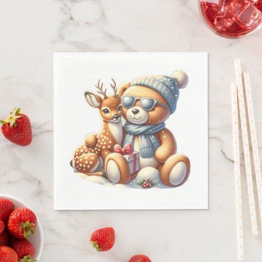 Bärchen und sein Rehkitz im Schnee Serviette (Beispiel)