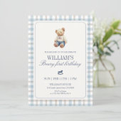 Bärchen zum ersten Geburtstag Teddybär Gingham Einladung (Stehend Vorderseite)