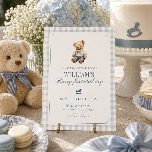 Bärchen zum ersten Geburtstag Teddybär Gingham Einladung