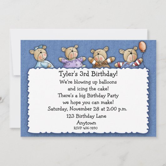 Bären Denim Birthday Einladung (Vorderseite)
