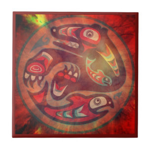 Bären essen Lachs Indianerzelt Fliese