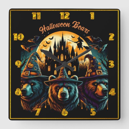 Bären feiern Halloween unter einem unschönen Himme Quadratische Wanduhr (Vorderseite)