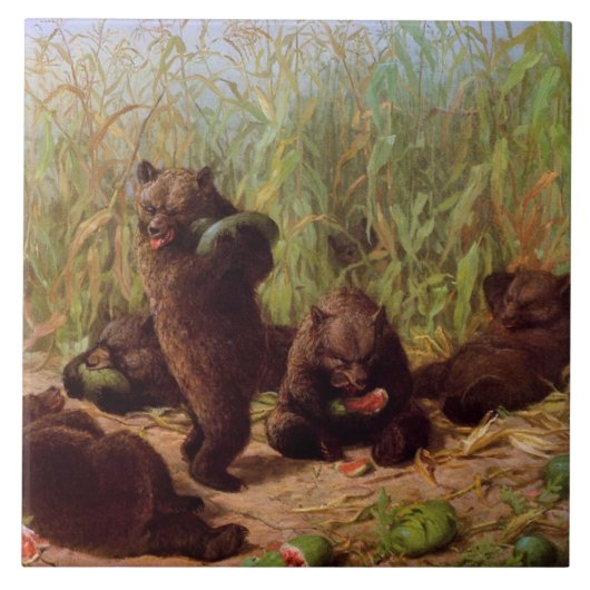 Bären im Watermelon Patch (von W.H. Beard) Fliese (Vorderseite)