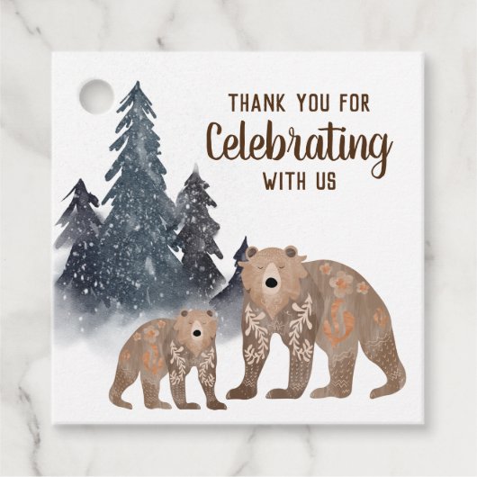 Bären im Winter Forest Scandi Neutral Baby Dusche Geschenkanhänger (Vorderseite)