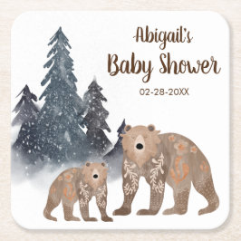 Bären im Winter Forest Scandi Neutral Baby Dusche Rechteckiger Pappuntersetzer