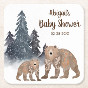 Bären im Winter Forest Scandi Neutral Baby Dusche Rechteckiger Pappuntersetzer