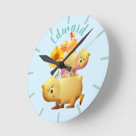 Bären, Roster und Sonnenblumenturm Runde Wanduhr (Winkel)