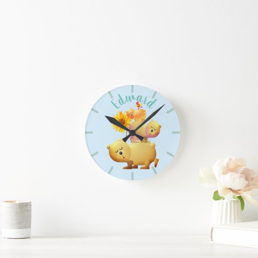 Bären, Roster und Sonnenblumenturm Runde Wanduhr (Zuhause)