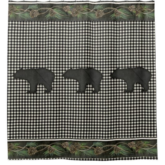 Bären Rustikale Bergkabine Schwarz-weiße Kiefernza Duschvorhang (Vorderseite)