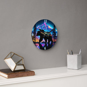Bären-Silhouette Natur Landschaft Rustikal Wildtie Runde Wanduhr