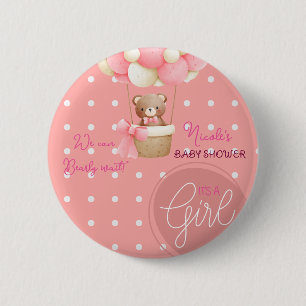 Bären-Thema Rosa Pfirsich Heißluftballon Baby Show Button
