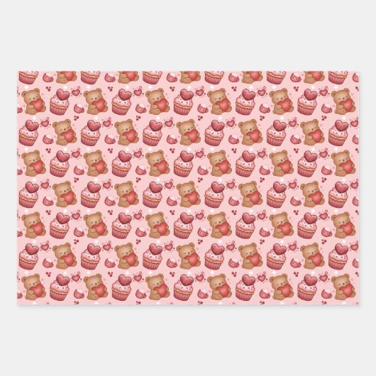 Bären und Cupcakes Valentinstag-Geschenkpapier Geschenkpapier Set (Vorderseite)