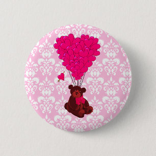 Bären- und Herzballons auf rosa Damast Button
