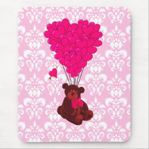 Bären- und Herzballons auf rosa Damast Mousepad