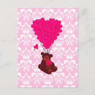 Bären- und Herzballons auf rosa Damast Postkarte
