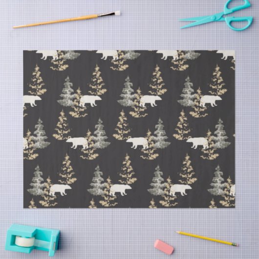 Bären und Tannen auf schwarzem Hintergrund Seidenpapier (Basteln)