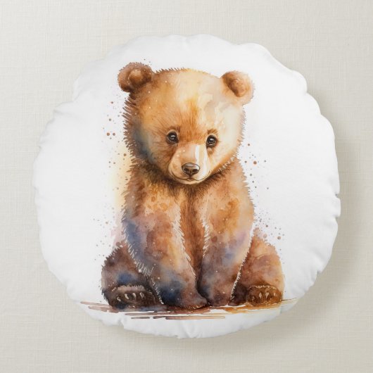Bärenbär, Aquarellbraun, sitzender Niedlicher Bäre Rundes Kissen (Vorderseite)
