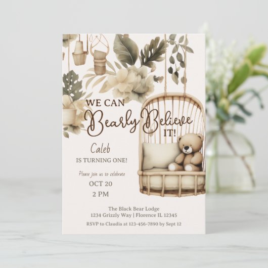 Bärenboho botanischer erster Geburtstag Einladung (Stehend Vorderseite)