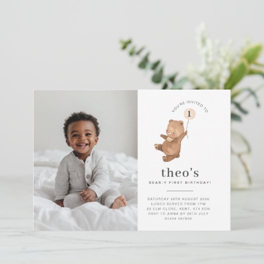 Bärencreme Ballon Foto 1. Geburtstag Einladung (Stehend Vorderseite)