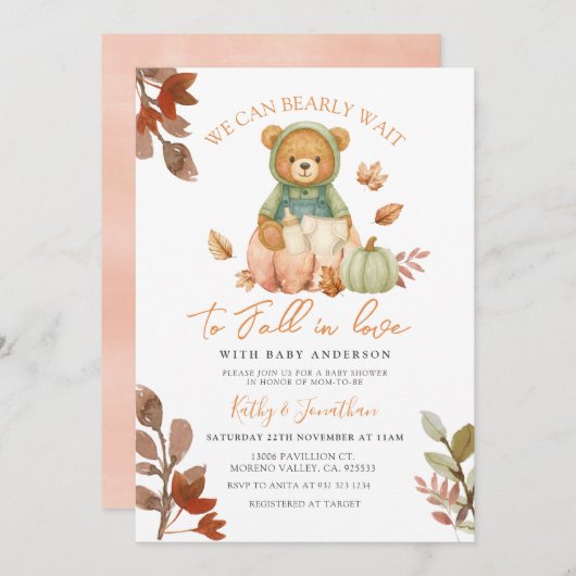 Bärenfall in Liebe Pumpkin Milk Flasche Baby Dusch Einladung (Vorne/Hinten)