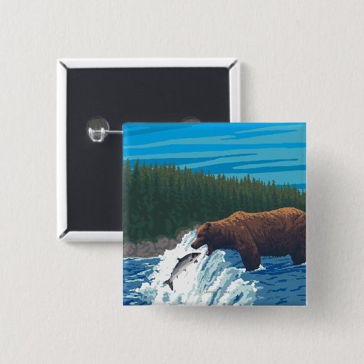 Bärenfischerei im Fluss - Wyoming Button (Vorne & Hinten)