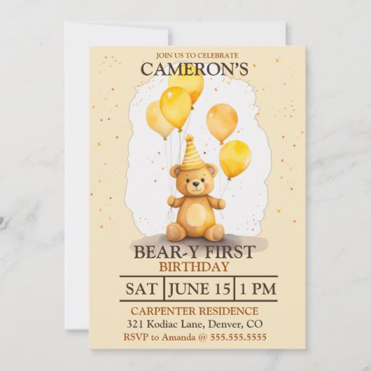Bärengeschlecht erster Geburtstag neutraler Gelbbb Einladung (Vorderseite)