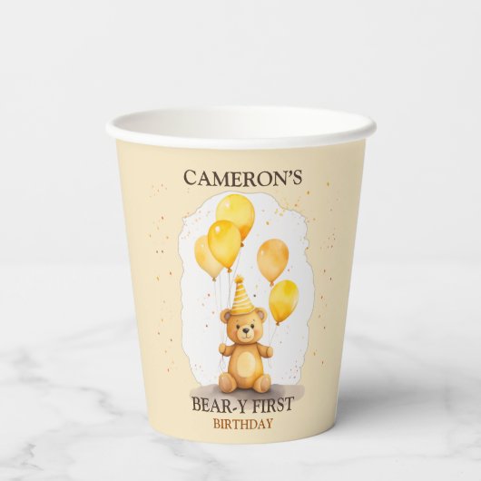 Bärengeschlecht erster Geburtstag neutraler Gelbbb Pappbecher (Rückseite)