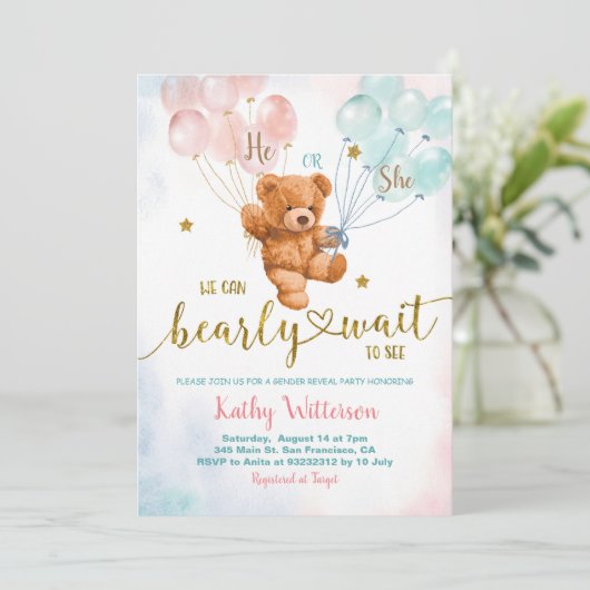 Bärengeschlecht zeigt rosa und blaue Babydusche In Einladung (Stehend Vorderseite)