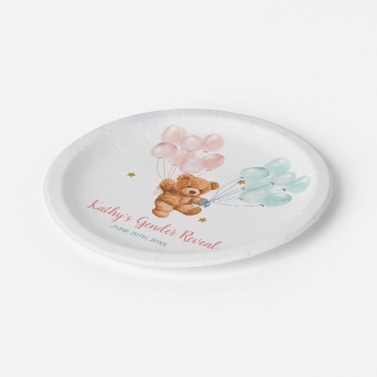 Bärengeschlecht zeigt Rosa und Blauer Ballon Pappteller (Schrägansicht)