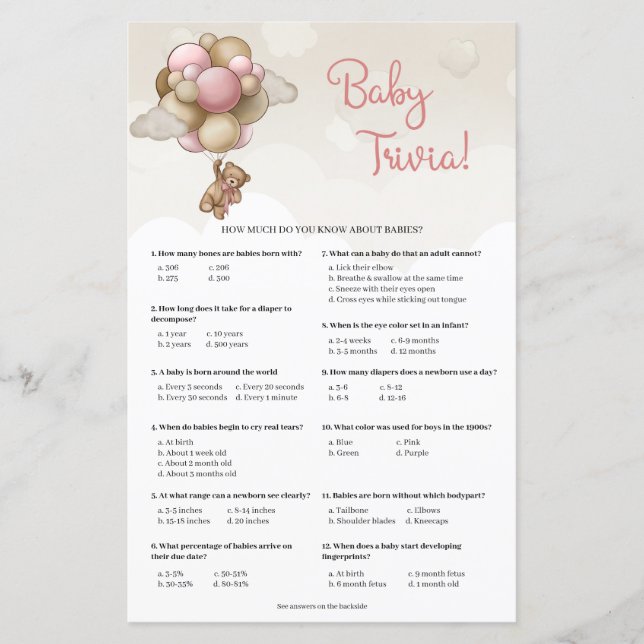 Bärenjunge mit rosa braunen Balloons Baby Trivia (Vorderseite)