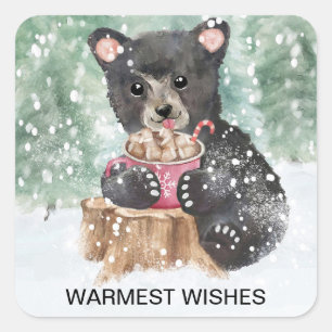 Bärenjunges warme Wünsche Kakao Weihnachten Quadratischer Aufkleber