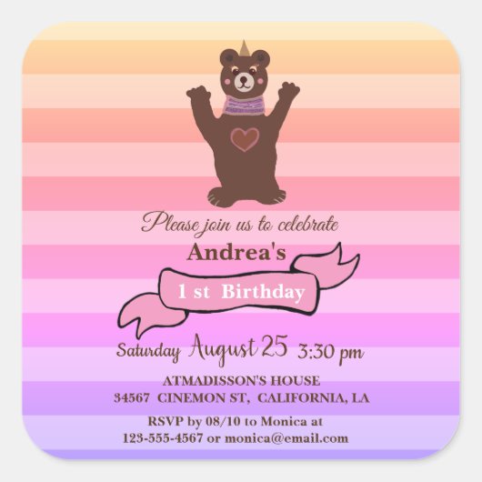 Bärenmädchen Geburtstagsticker Quadratischer Aufkleber (Vorderseite)