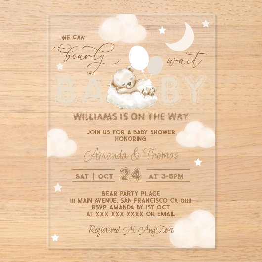 Bärenneutrale Balloons Babydusche Acryleinladungen (Vorderseite)