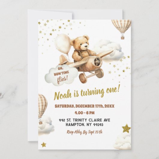 Bärenpilotenflugzeug erster Geburtstag Einladung (Vorderseite)