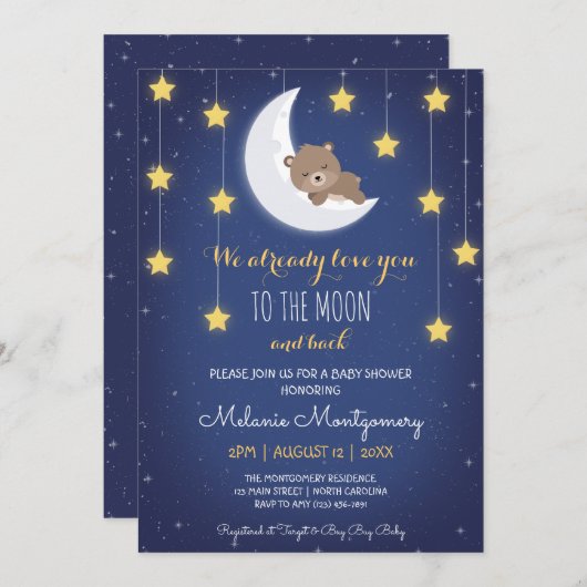 Bärenschläfer Liebe Sie die Mond-Back-Baby-Dusche Einladung (Vorne/Hinten)