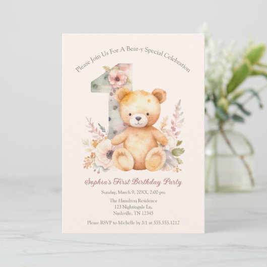 Bärenspezial Frühlingsflorale Erstgeburt Einladung (Stehend Vorderseite)
