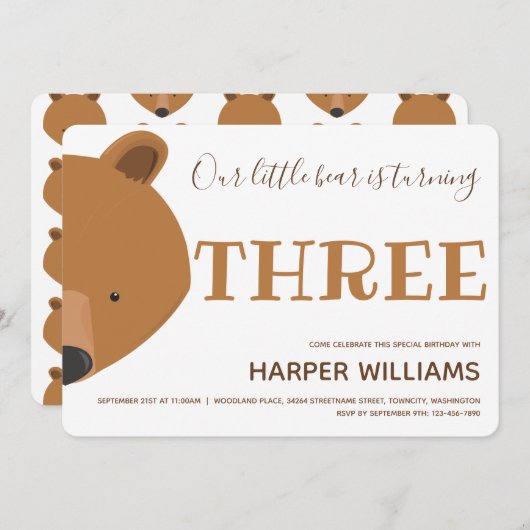 Bärentierkinder 3. Geburtstag Einladung (Vorne/Hinten)